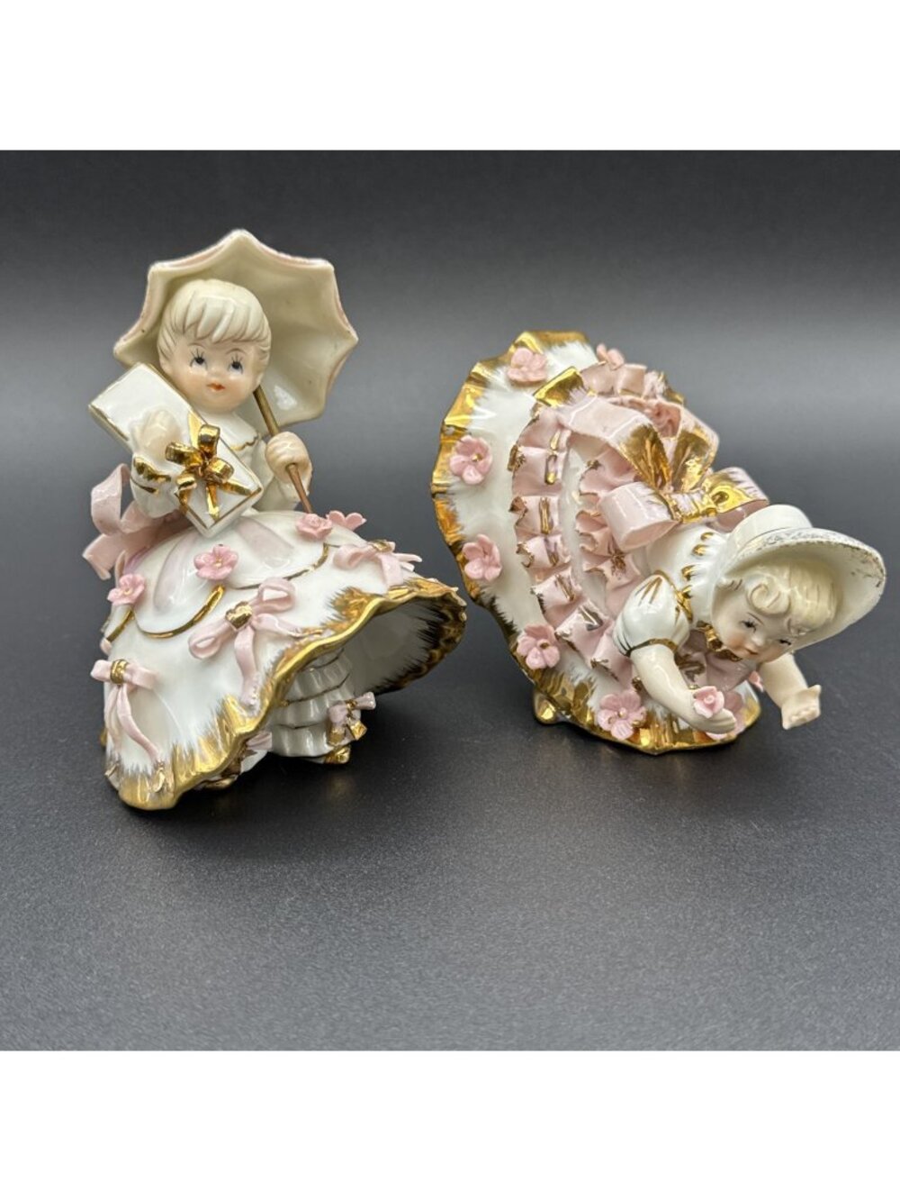 Vintage 50’s Geo Lefton Pink Bow Bloomer Parasol Present Girls Figurine Set READ